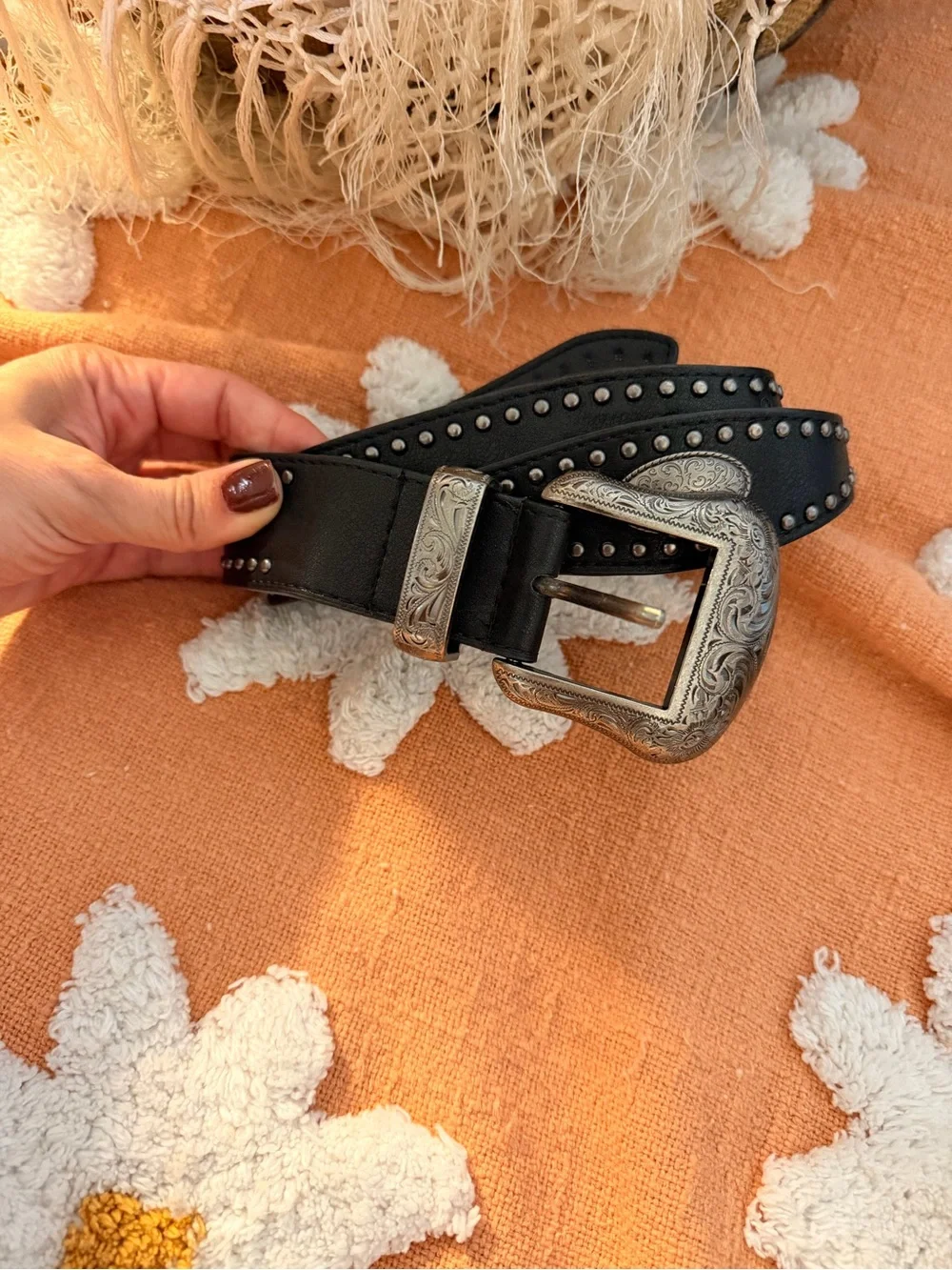 Studded Black Faux Leather Western Buckle Belt